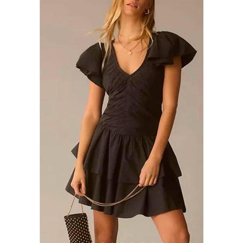 Love The Label Anthropologie Black Ruffled Deep V-Neck Shirred Mini Dress Size L